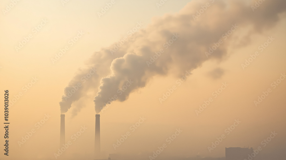 Urban Landscape, Industrial Pipes Releasing Smoke Into The Morning Air. Environment, Air Pollution, Factory, Global Warming Urban Landscape, Industrial Pipes Releasing Smoke Into The Morning Air. Environment, Air Pollution, Factory, Global Warming