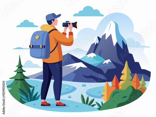 A photographer captures the stunning beauty of snowy mountain peaks during a serene outdoor adventure in nature