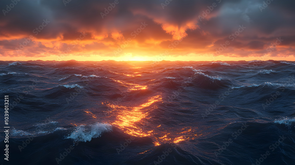 Ocean Waves Sunset Dramatic Realistic Image Ocean Waves Sunset Dramatic Realistic Image