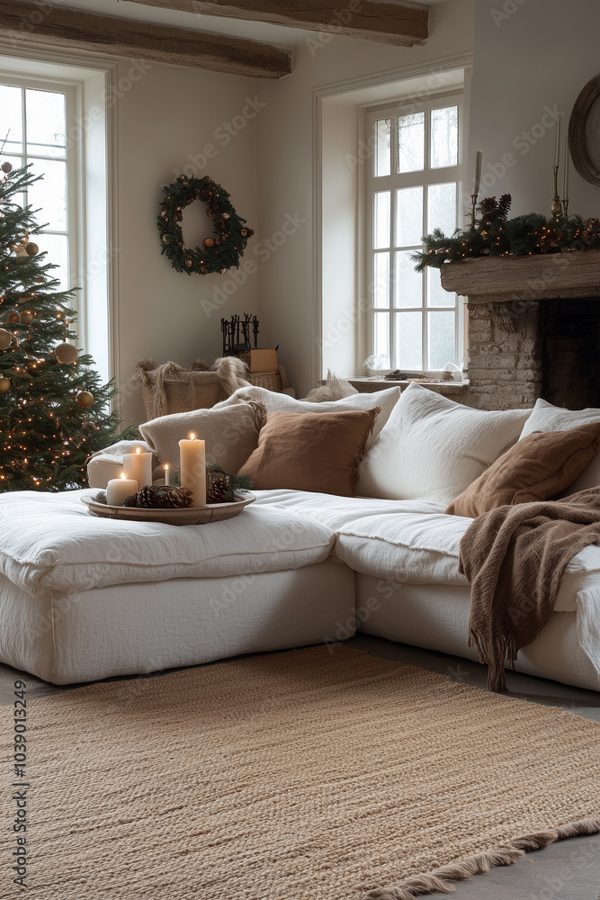 Obraz premium Przytulny salon udekorowany na Boże Narodzenie. W centralnym punkcie jest duża, jasna sofa w kształcie litery L, a obok oświetlona choinka i kominek, na którym stoją ozdoby świąteczne.