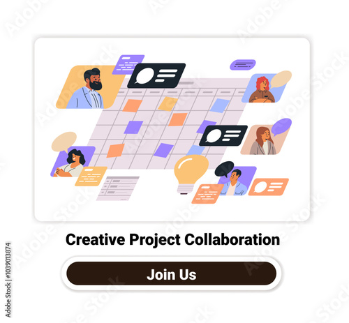 Creative project collaboration concept with diverse team discussing ideas around a digital calendar interface. Bright colors and speech bubbles enhance communication theme