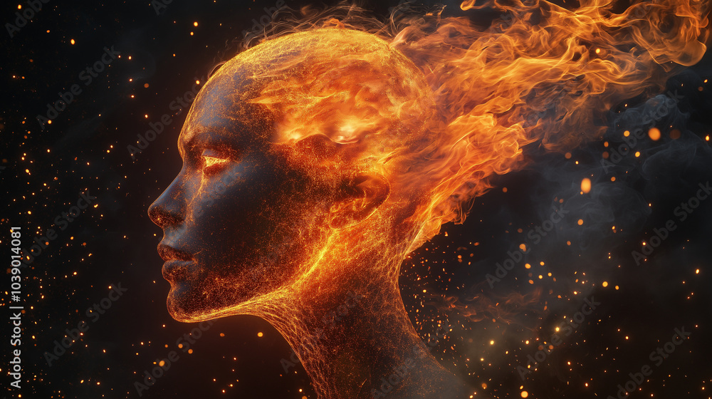 A human head composed of swirling flames and embers, radiating heat and energy. The fiery colors create a dynamic and intense visual against a dark backdrop. A human head composed of swirling flames and embers, radiating heat and energy. The fiery colors create a dynamic and intense visual against a dark backdrop.