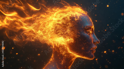 A human head composed of swirling flames and embers, radiating heat and energy. The fiery colors create a dynamic and intense visual against a dark backdrop.