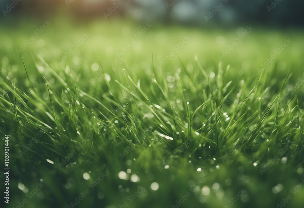 Close up of green grass with blurred garden background Close up of green grass with blurred garden background