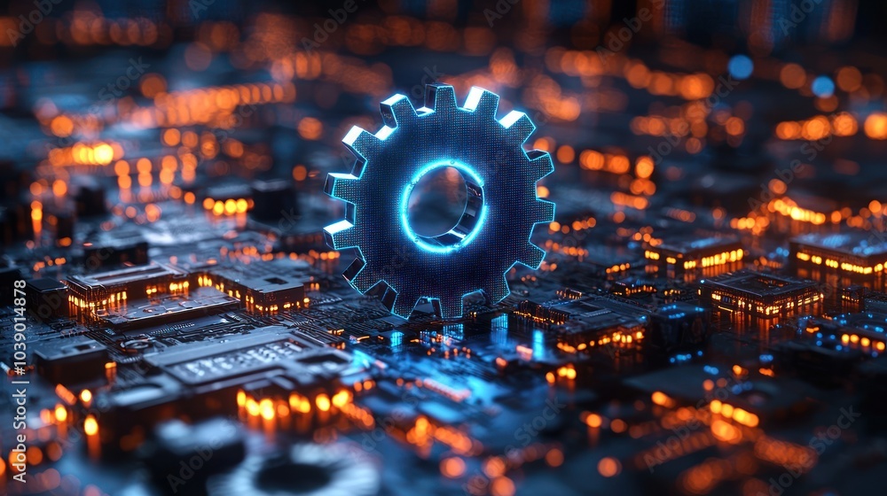 Glowing Gear Symbol on a Circuit Board with Orange Lights Glowing Gear Symbol on a Circuit Board with Orange Lights