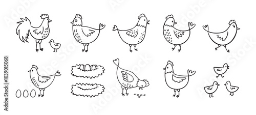 Hand drawn cute hen chickens set. Doodle farm chickens sketch style. Funny outline domestic birds, poultry concept.