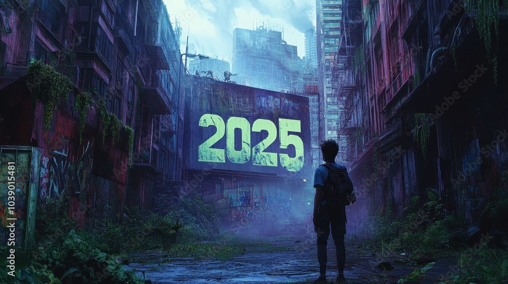 Obraz premium Futuristic City Landscape with 2025 Projection