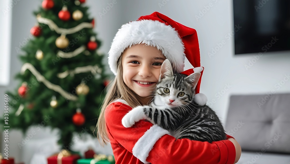 Close-up portrait of a happy girl wearing a Santa hat holding a cat near a Christmas tree. Close-up portrait of a happy girl wearing a Santa hat holding a cat near a Christmas tree.