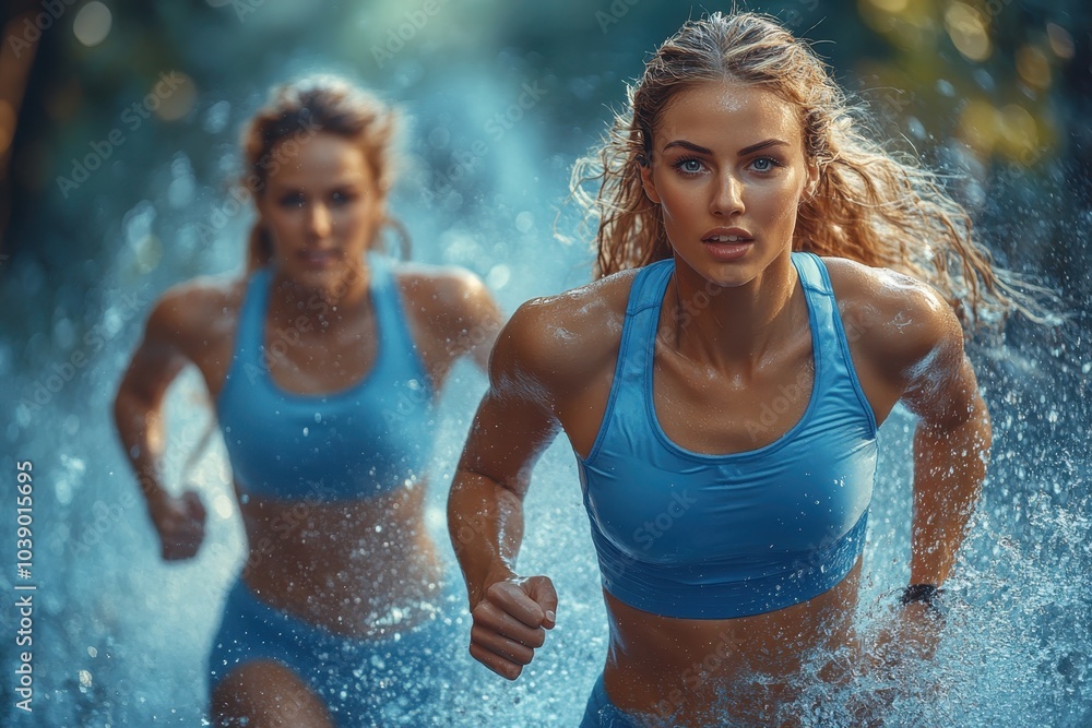 Two athletes running through shallow water in a forest during a warm summer afternoon Two athletes running through shallow water in a forest during a warm summer afternoon