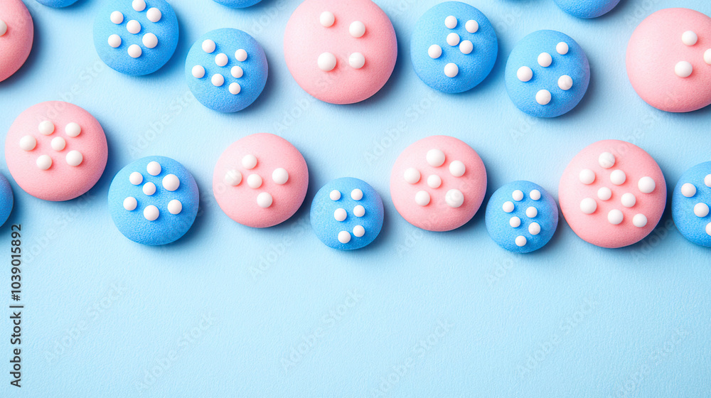 Pink and blue circular tablets with white dots on pastel background. AI-generated. Pink and blue circular tablets with white dots on pastel background. AI-generated.