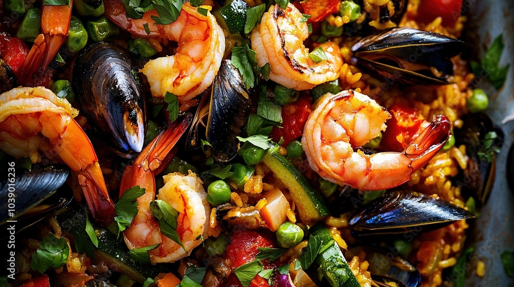 Close-up photo of a plate with succulent shrimp, fresh mussels, vibrant peppers, and healthy broccoli Close-up photo of a plate with succulent shrimp, fresh mussels, vibrant peppers, and healthy broccoli
