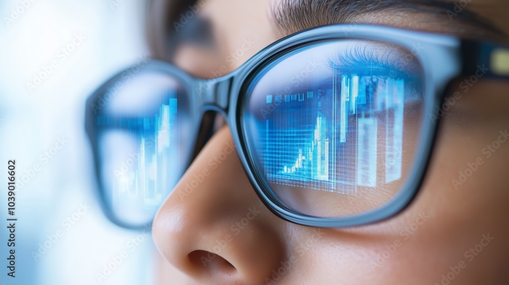 close-up of a person's face, with a reflection of graphs and numbers in their glasses close-up of a person's face, with a reflection of graphs and numbers in their glasses