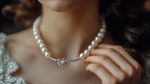 In her palm, a woman holds a pearl necklace set with diamonds.