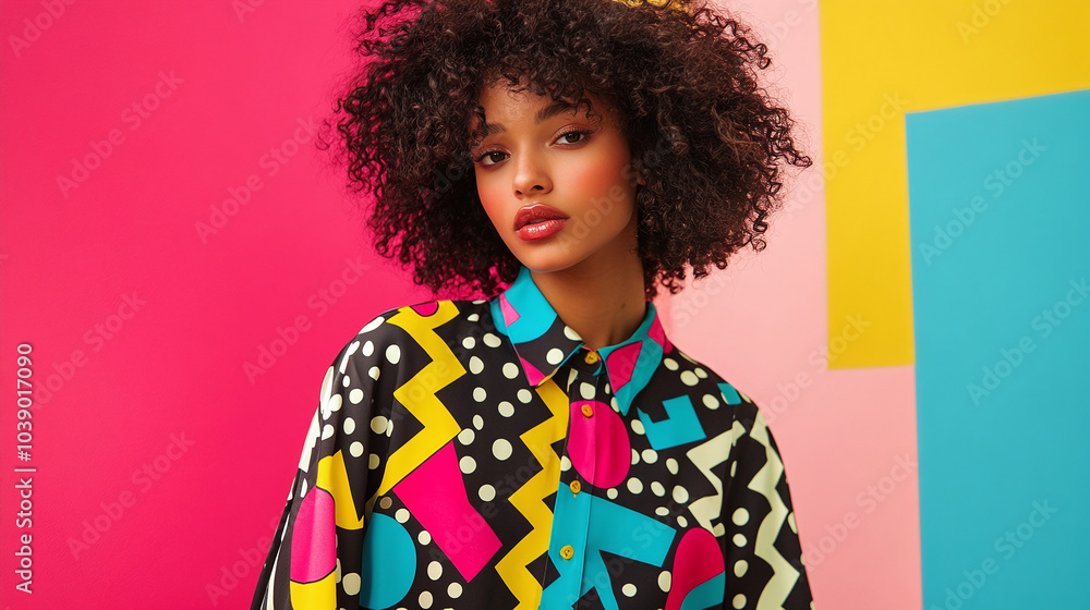 A retro-inspired fashion piece featuring a blouse with bold polka dots and zigzag lines in bright colors, designed with a fitted, modern silhouette that merges the 80s and today’s fashion. A retro-inspired fashion piece featuring a blouse with bold polka dots and zigzag lines in bright colors, designed with a fitted, modern silhouette that merges the 80s and today’s fashion.