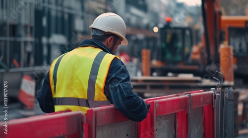 A construction worker in a neon safety vest and hard hat, holding a hammer and standing in front of a partially constructed building, Construction site scene