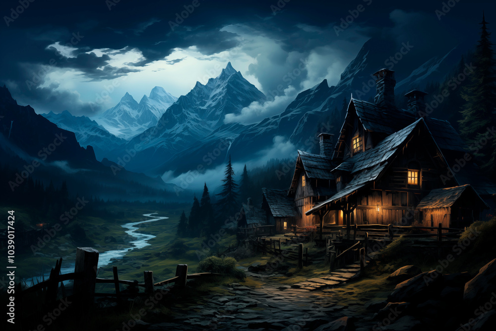 Fototapeta premium Rustic wooden house in the middle of the mountain a starry night