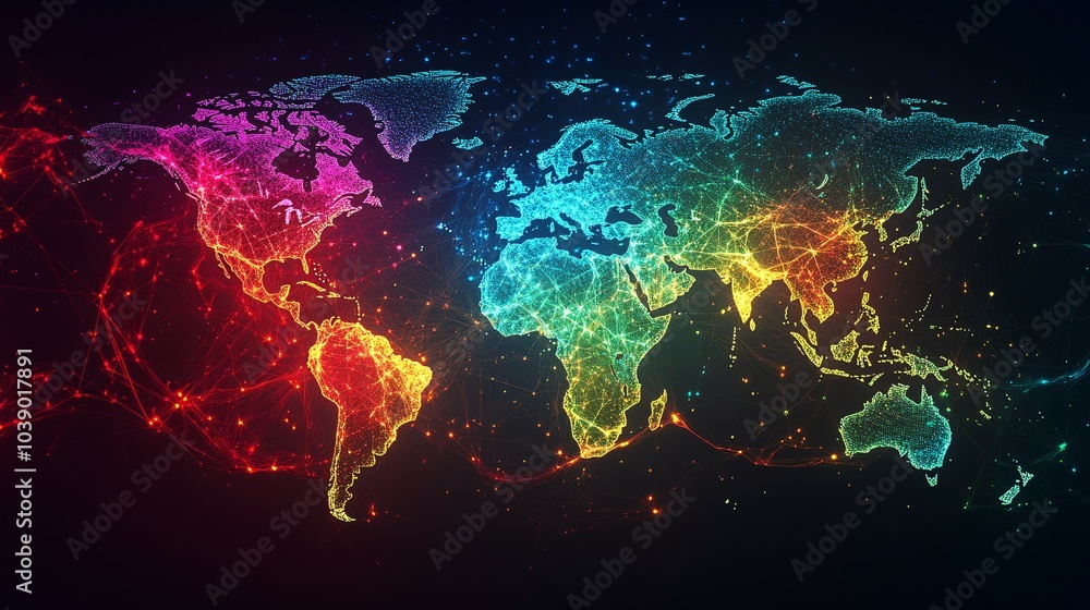 A Vibrant Digital Representation of the World's Continents Interconnected by Lines of Light A Vibrant Digital Representation of the World's Continents Interconnected by Lines of Light