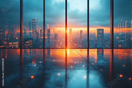 Urban skyline at sunset viewed through large glass windows in a modern high-rise building