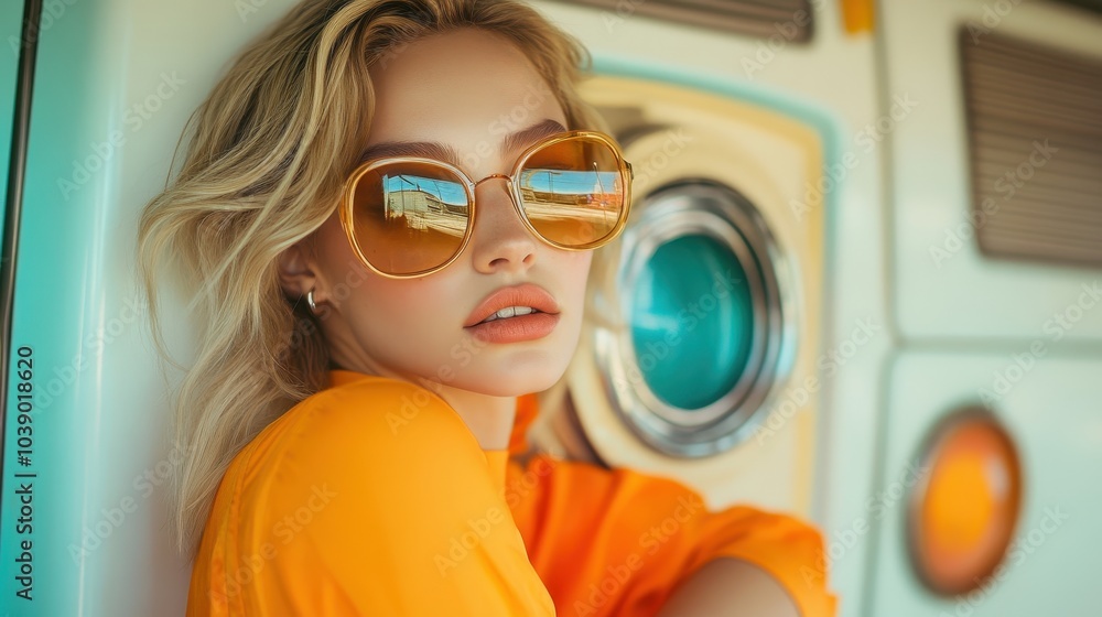 A blonde woman in sunglasses wearing an orange outfit poses in front of a strange futuristic appliance. Retro-futurism aesthetics A blonde woman in sunglasses wearing an orange outfit poses in front of a strange futuristic appliance. Retro-futurism aesthetics