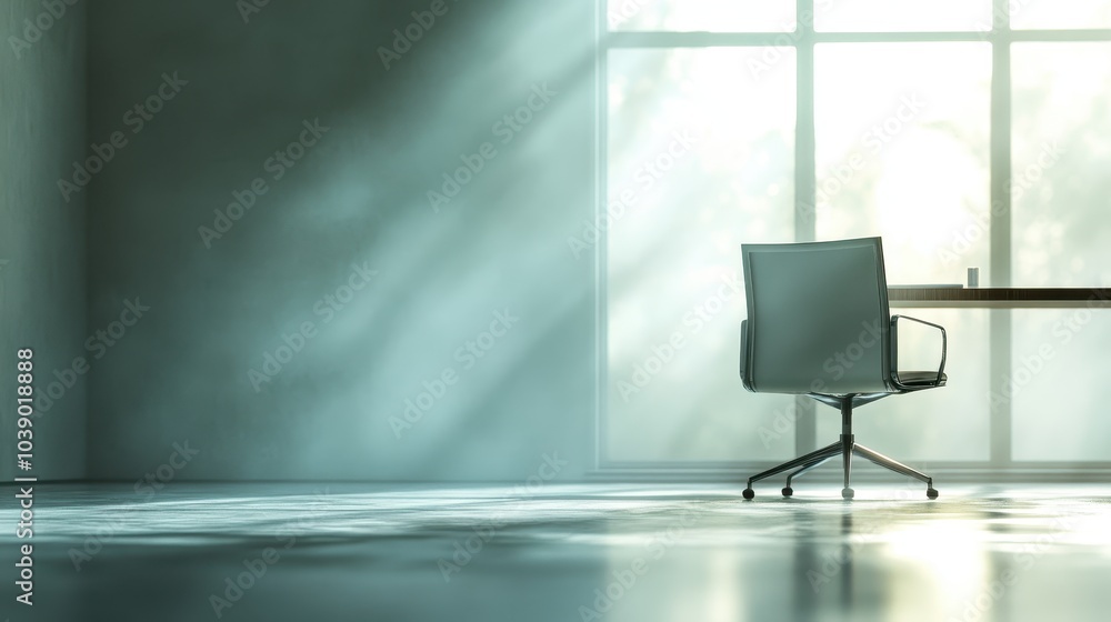 Blurry silhouette of minimalist chair in front of a desk using backlighting from a window to create a soft peaceful office scene Blurry silhouette of minimalist chair in front of a desk using backlighting from a window to create a soft peaceful office scene
