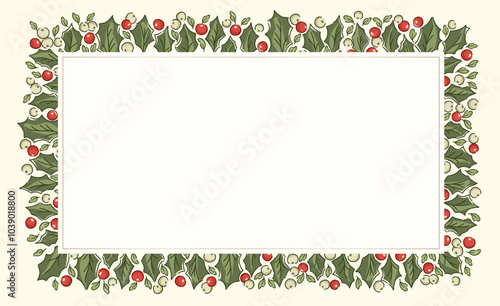 Nostalgic rectangular holly garland illustration in traditional Christmas colors. Festive evergreen border with vintage holiday foliage and berries, ideal for seasonal winter imagery.