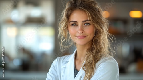 Radiant Young Woman Smiling in a Cozy Cafe Setting. Molecular Dietitian