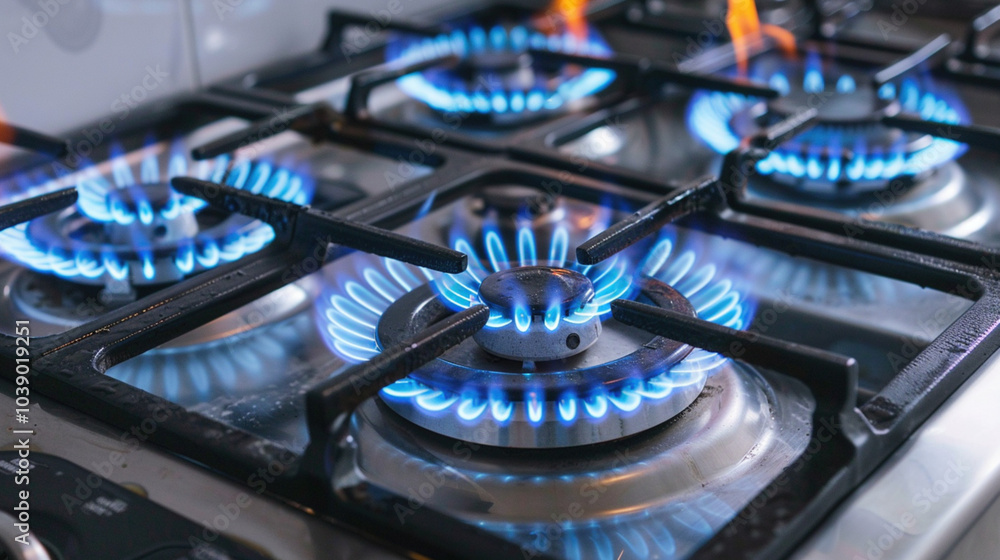 Natural gas burns with a blue flame. Close-up gas flame close up on the gas stove, kitchen, stove, cook, modern, gas, flame, burner, heat, appliance Natural gas burns with a blue flame. Close-up gas flame close up on the gas stove, kitchen, stove, cook, modern, gas, flame, burner, heat, appliance