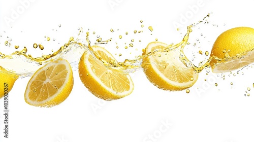  A collection of lemons with water spraying from them against a white background