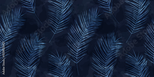 Tropical pattern, palm leaves seamless vector background. Exotic plant on watercolor stains jungle print. Leaves of palm tree.