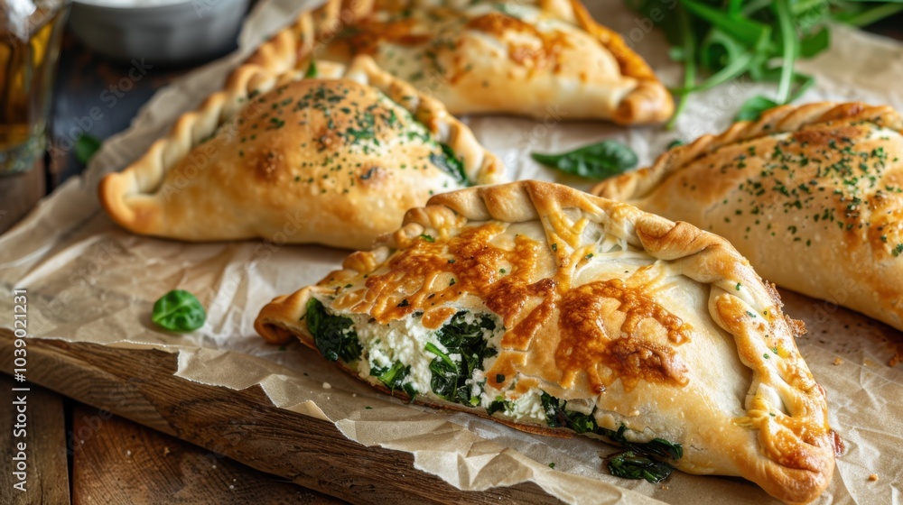 Fresh Baked Spinach and Cheese Calzones on Wooden Table Fresh Baked Spinach and Cheese Calzones on Wooden Table