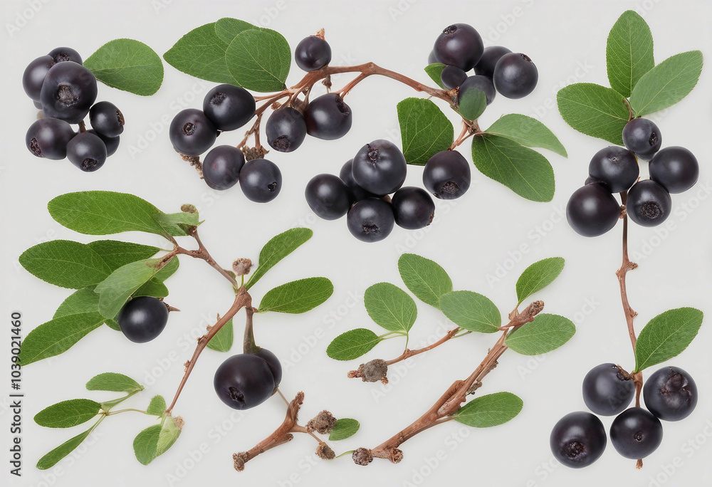 Set of aronia berries and branches isolated transparent Set of aronia berries and branches isolated transparent