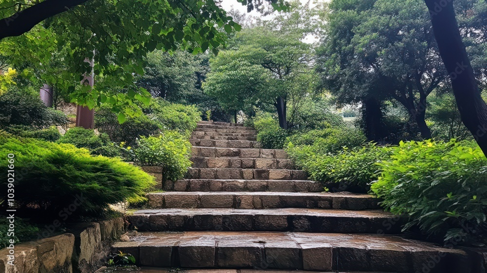 Stroll up the stone steps in the peaceful greenery of the park. Stroll up the stone steps in the peaceful greenery of the park.