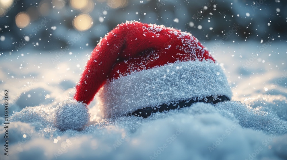 Santa Hat Partially Submerged in Snow with Falling Snowflakes Santa Hat Partially Submerged in Snow with Falling Snowflakes