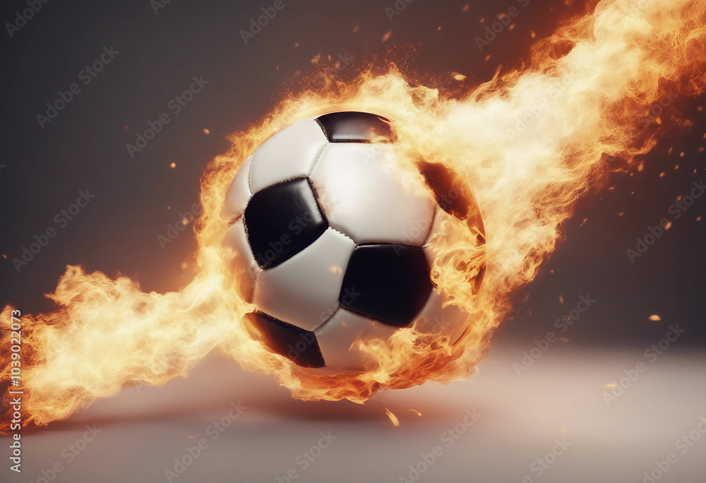 Fototapeta premium Soccer ball flying with burning fire flame isolated on white