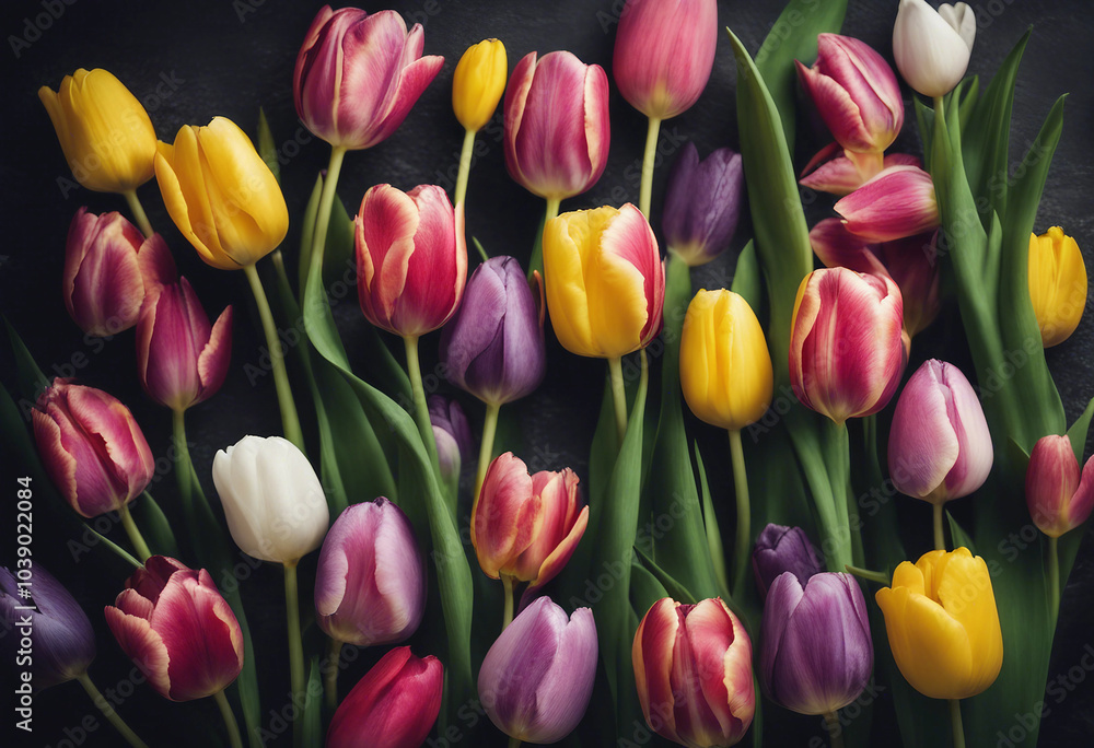 Spring colorful tulips frame on dark background Spring colorful tulips frame on dark background