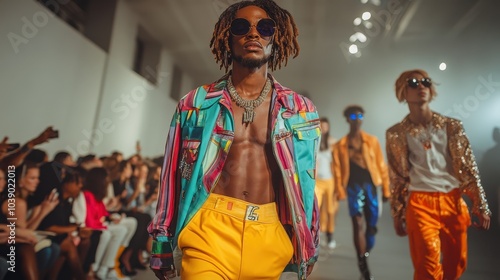 A fashion show featuring gender-neutral clothing, with models of all genders walking the runway confidently. The atmosphere is modern and inclusive, with a diverse audience photo