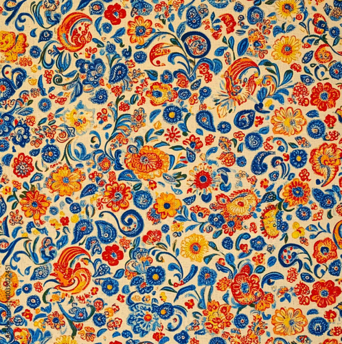 floral pattern in red, blue, yellow, orange vintage colors