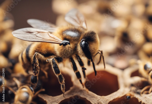 The queen (apis mellifera) marked with dot and bee workers around her life of bee colony