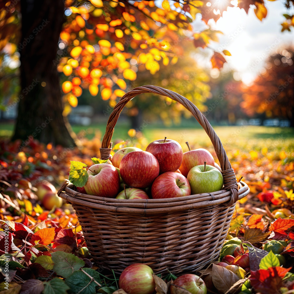 a basket full of apples on a green lawn with autumn trees and maple leaves in clear and sunny weather a basket full of apples on a green lawn with autumn trees and maple leaves in clear and sunny weather