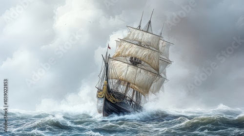 art illustration of big ancient pirate ship sailing on rough sea, Generative Ai