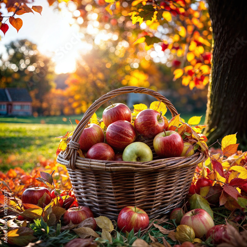 a basket full of apples on a green lawn with autumn trees and maple leaves in clear and sunny weather