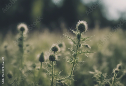 Weeds nettle thistle wormwood on a field close up photo