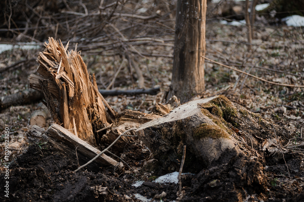 Fallen Tree Stump in a Forest Clearing with Exposed Grains and Surrounding Vegetation Fallen Tree Stump in a Forest Clearing with Exposed Grains and Surrounding Vegetation
