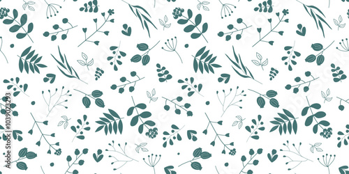 Seamless pattern with silhouettes of abstract plants, herbs, leaves. Vector graphics.