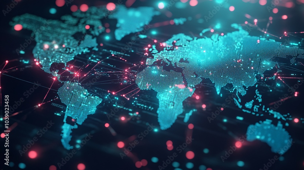 Digital World Map with Interconnected Nodes and Glowing Lights Digital World Map with Interconnected Nodes and Glowing Lights