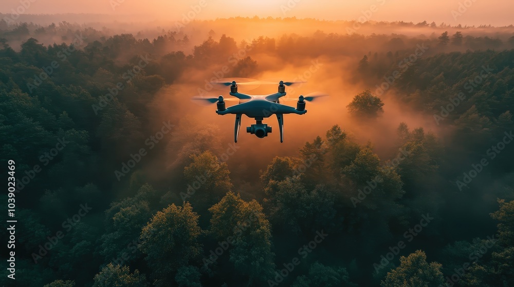 Aerial Drone Over Misty Forest at Sunrise Aerial Drone Over Misty Forest at Sunrise