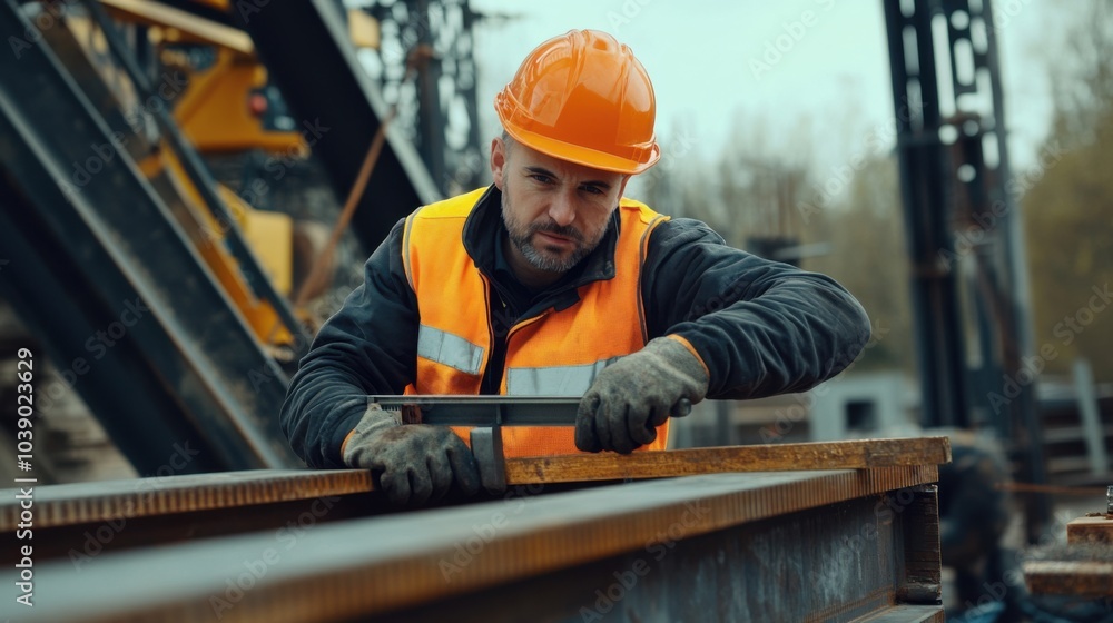 A construction worker in an orange reflective vest and hard hat, aligning steel beams with a level tool, surrounded by visible steel structures and tools A construction worker in an orange reflective vest and hard hat, aligning steel beams with a level tool, surrounded by visible steel structures and tools