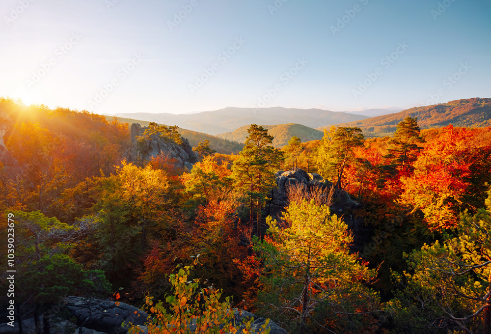 Magical scene of forested slopes and distant mountain ranges. Dovbush Rocks, Carpathian mountains, Ukraine, Europe. Magical scene of forested slopes and distant mountain ranges. Dovbush Rocks, Carpathian mountains, Ukraine, Europe.