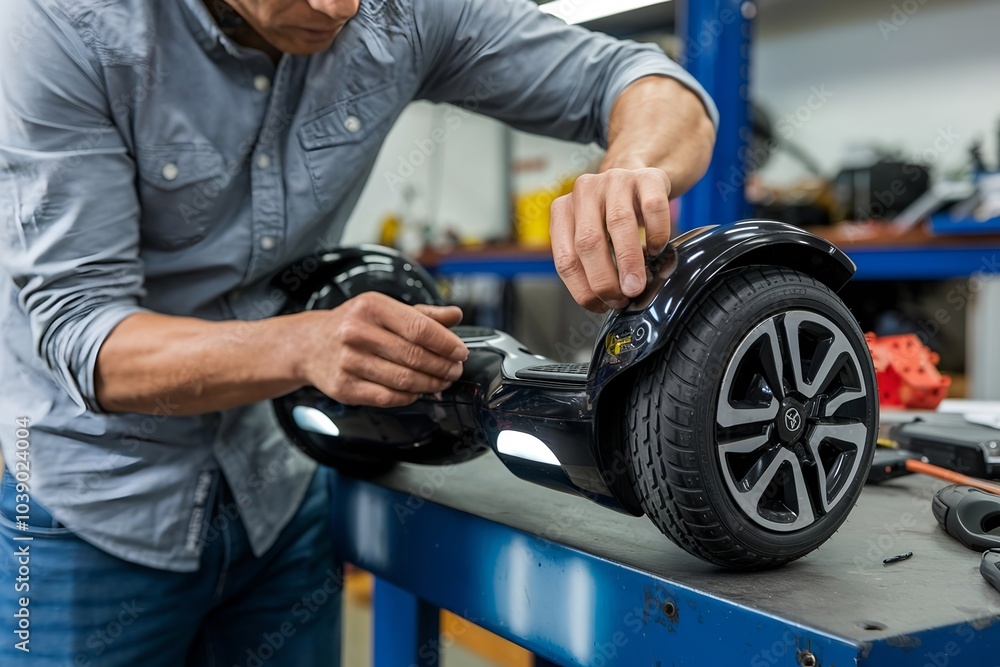 Obraz premium Technician Repairing a Hoverboard in Workshop.