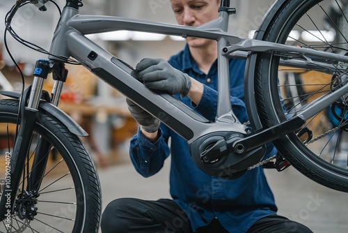 Repairing an e-bike. Urban cyclist maintaining and servicing an electric bicycle with modern tools. Ensuring optimal performance and efficient operation for a smooth ride in the city.